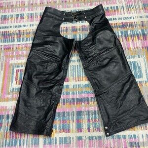 Vtg Black Leather Chaps Double Buckle Leg Zippers Unbranded No Tag Fit XL READ